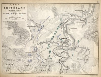 Karte der Schlacht bei Friedland, veröffentlicht von William Blackwood und Sons, Edinburgh und London, 1848 (handkolorierte Gravur) von Alexander Keith Johnston